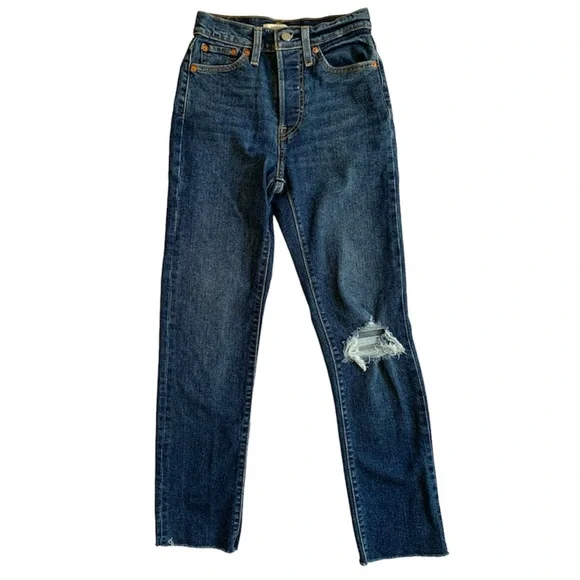 Levis Wedgie Straight Size 24 Distressed Dark Wash Button Fly Jeans - Picture 1 of 11